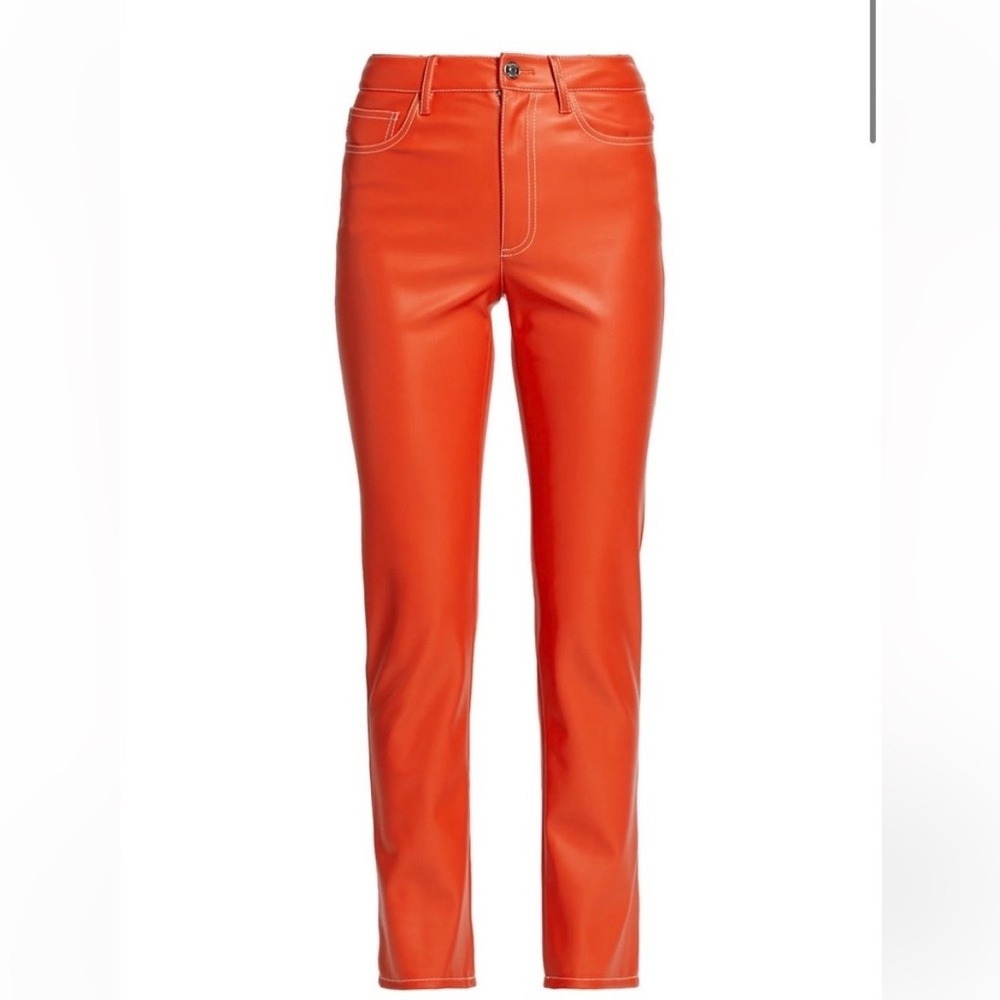STAUD Women Red Vegan Faux Leather Straight Leg Pants Contrast Stitch‎ Size 0